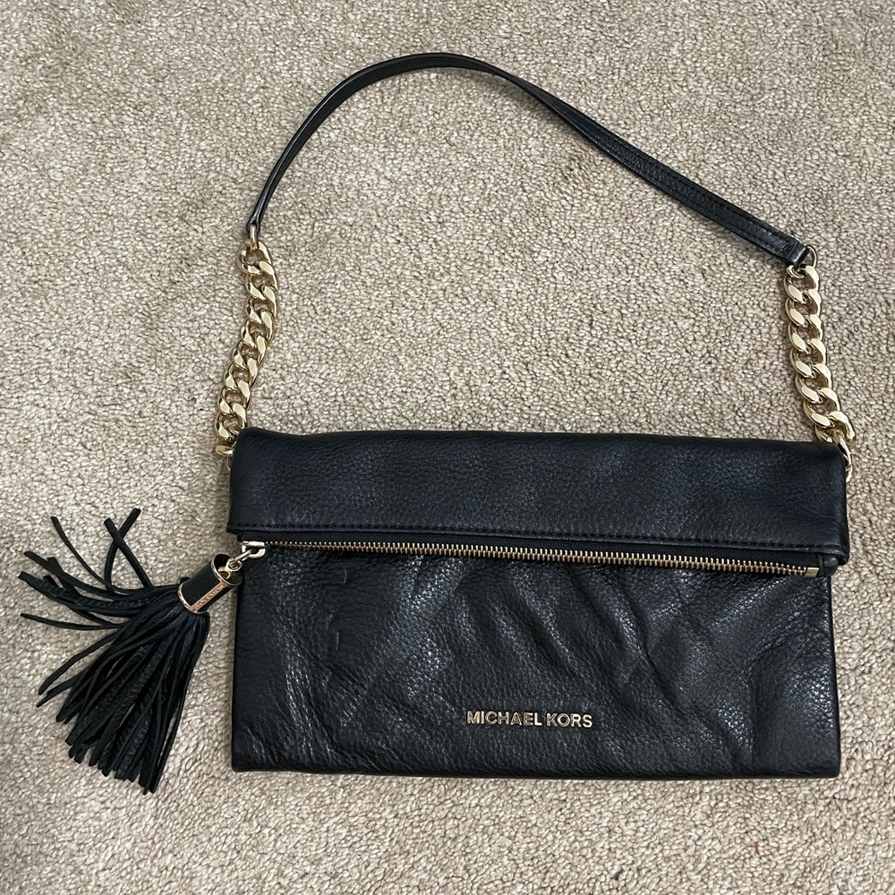 Michael Kors Black Foldover Shoulder Bag Clutch with Gold Chain Accents